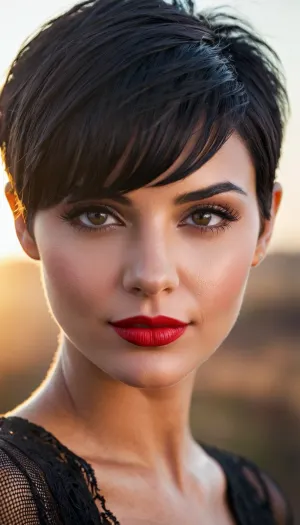 La belle fille avec une coupe de pixie, des yeux expressifs et un sourire sournois se tenait devant la caméra avec un sourire malicieux. Elle avait un grand détail et une peau réaliste qui semblait être faite de porcelaine. Ses lèvres rouges