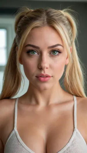Sexy beautiful young woman, triangle head, big cheeks, skinny body, big green eyes, natural rounded tities, wide chest, long blond hair, 2 ponytails, sexy makeup, big full lips, happy emotions, hairy pubic, hd, 8k, full HDR, perfect light