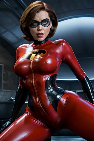 Helen Parr foi capturada por duas mulheres em fatos de corpo látex que estavam fodendo com ela enquanto ela foi mantida pelas outras mulheres em fatos de corpo látex. A mulher no fato de corpo de látex tinha uma máscara, e ela estava fodendo a buceta de Helen Parr