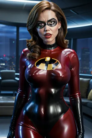 Em uma cena ousada e provocativa, duas mulheres em ternos de corpo látex estavam segurando os braços e as pernas de Helen Parr enquanto outras duas mulheres estavam fodendo sua buceta