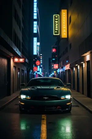 cyber city, blade runner, futuristic Los Angeles, neon lights, futuristic car, sports car, cyber car, matte black car, gold rims, (skyline, challenger, aston martin design), year 2120, no woman, high angle, street view, reverse angle