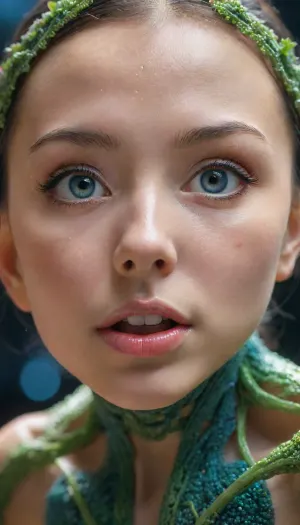 Miki Asai的超详细而复杂的三角形照片, 女人的瓷质皮肤,柔软的绿色头发,以及微妙的特征被完美地详细捕捉. 那张照片是一部作品