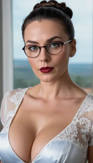 Женщина в конце 50-х с тяжелым выражением и тяжелым макияжем, одетая в черную викторианскую рубашку с тонкой кружевной деталью и массивным черным лифчиком. Она держит большую камеру в одной руке, а другая