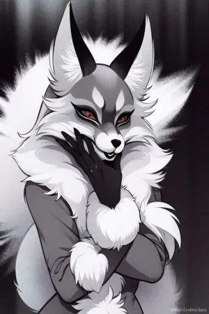 masterpiece, woman, Alice, <lora:Alice-15:.5>, fox mask, Fox ears, furry, style Blak and white, light cinematic, fur coat with white fur inserts, coat, Silvery shade
