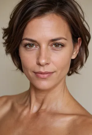 Lora, una morena de 45 años con ojos preciosos y una sonrisa impresionante, posada desnuda para la cámara mostrando sus sorprendentes curvas y belleza natural