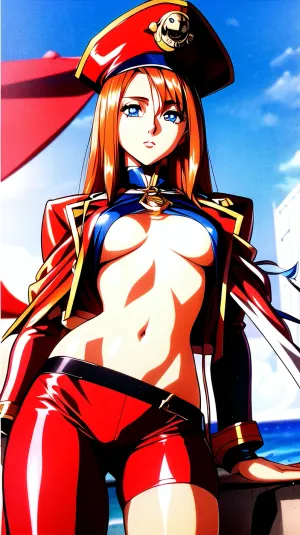 La femme sur la photo porte un chapeau de pirate rouge et une tenue sexy, avec un ton peau ultra-détaillé, des pommettes parfaites, des iris symétriques, des seins pleins qui sont parfaitement visibles à travers sa chemise, ciel bleu clair et soleil lumineux dans