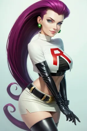 woman, jessie pokemon, solo, team rocket, gloves, hair slicked back, long hair, jewelry, skirt, navel, thighhighs, earrings, elbow gloves, team rocket uniform, crop top, blue eyes, midriff, white background, belt, black gloves, very long hair, simple background, smile, black thighhighs, purple hair, looking at viewer, breasts, white skirt, miniskirt, <lora:jessie-v2:1>