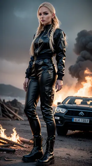 Ein lebhaftes Mädchen mit langen blonden Haaren und blauen Augen stand vor einem brennenden Wrack, ihr Gesicht leuchtete durch die Flammen. Sie trug eine Bomberjacke und sah tief in Gedanken. Ihr Körper wurde in Armee Stil glänzend Satin Bomberjacke bedeckt