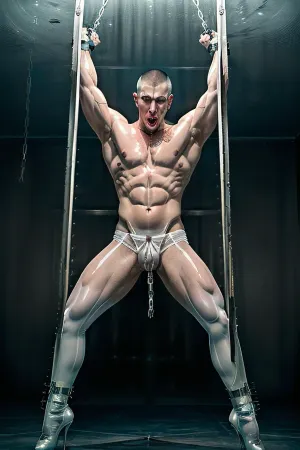 Um homem muscular em um solar vitoriano com grandes janelas com barras de metal em ambos os lados, iluminação perfeita, iluminação perfeita. O homem está vestindo meias transparentes de renda branca e botas de ballet lacado brilhante. Ele está olhando para o espectador com um preocupado