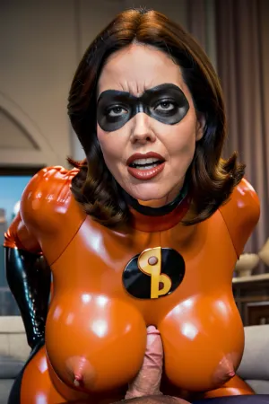 Helen Parr está sendo fodida na buceta enquanto seus braços e pernas são mantidos por duas mulheres em ternos corpo látex. Parece que está a gostar