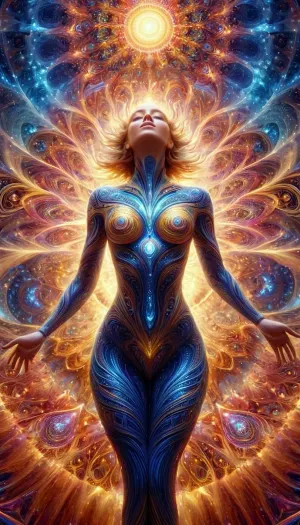 woman, Imagine stepping into a realm where reality warps and shifts with every breath. Colors swirl and blend in an endless dance of hues, from the deepest blues to the brightest yellows, creating a kaleidoscope of sensations. Geometric patterns stretch and fold in on themselves, revealing hidden dimensions and alternate realities.

As you navigate this mesmerizing landscape, you encounter beings unlike anything you've ever seen before. They shimmer and morph, their forms fluid and ever-changing. Some communicate with you through telepathic whispers, imparting ancient wisdom and insights into the nature of existence.

The air is charged with energy, pulsating and vibrating with each step you take. Time loses all meaning as you journey deeper into the realm, exploring its mysteries and confronting your innermost fears and desires.

In this DMT realm, you are both the creator and the explorer, navigating the boundless depths of consciousness and unlocking the secrets of the universe with every moment. It is a place of infinite possibility, where the boundaries between reality and imagination blur into nothingness.

kundalini, gods realm, neurons, light speed, space, universe, other worldly, fractals, mandala, spiral of life, psychedelic, magic mushrooms, entities, 5th dimension, (((Super realistic, masterpiece, light rays, lightgeo, high definition, sacred geometry, surreal futurism, 4k, 8k)), super detail, details, high resolution, portrait, professional, 8K wallpaper, breathtaking full-length view, fine details, clear image, masterpiece, real high resolution photography, ((realistic, detailed)), textured, realistic, detailed, Ultra details, (masterpiece), super realistic, perfect lighting, (best shadow), 8K, UHD, (better lighting)), alex, psychedelicai, <lora:psychedelicai-SDXL:.9>