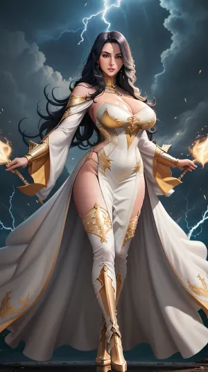 La maga, con le sue curve perfette e i suoi capelli raggiati, si trovava davanti al caster magico. Aveva un vestito a V profondo che mostrava le curve e i guanti lunghi che arrivavano ai gomiti. I suoi occhi gialli brillano