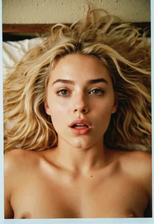 Polaroid照片中的女人是一位20岁的大学生,她刚刚完成大学一年级的学业. 她躺在她的背上,头发乱乱,嘴张开, 因为她高潮的乐趣是使用