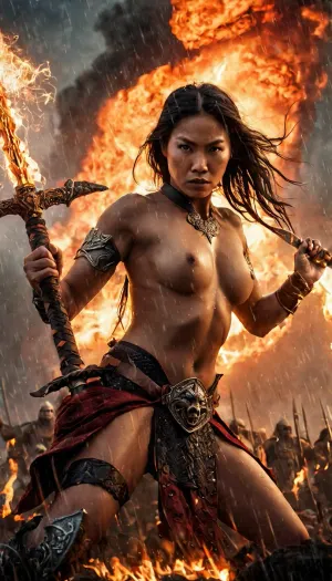 Asian woman, topless, closeup, swords, fire, storm, ashes, battle, lightning, rain, clouds, spears, axes, chaos, smoke, explosions, tornados, volcano eruptions, dragons, skeletons, orcs, wizards, warriors, giant apes, fantasy