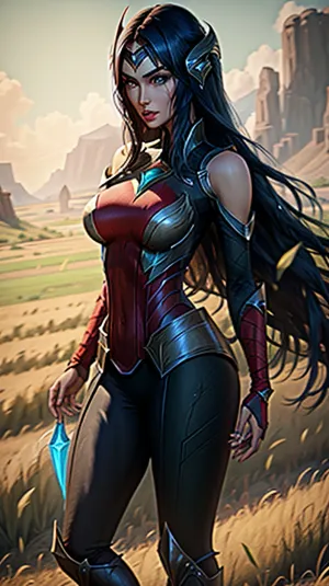 Irelia, eine junge Frau mit piercing blauen Augen und geteilten Lippen, trug einen schwarzen Rüstungsanzug mit blauen Haaren und Knallen. Sie hatte blaue Augen und gespaltene Lippen, die von ihren Zähnen zeigte. Ihr Navel war exponiert und sie trug ein