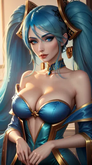 masterpiece, best quality, Sona \, (league of legends\), blue hair, blue eyes, gradient hair, collarbone, hair ornament, long hair, blue dress, breasts, close-up, portrait, <lora:SonaV1:.5>, 1girl, blue_eyes, blue_hair, long_hair, twintails, yellow_hair_at_the_ends, hair_ornaments, <lora:1657508761473934107:.5>