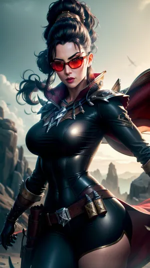AI制作的色情照片是一位身着黑色皮革服装,长发和手套的女性. 她看着观众的肩膀 调整了她的眼衣 背景很详细,有风景元素,而肖像显示的接近