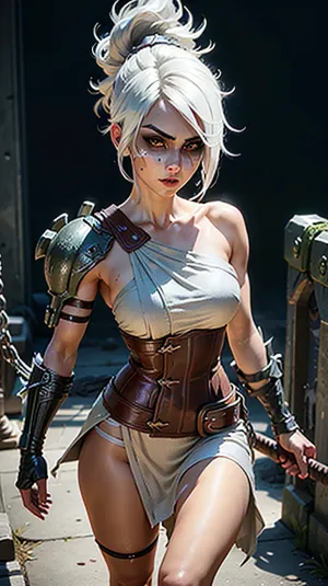 La ragazza nella foto indossa un vestito bianco con un singolo pauldron sulla spalla sinistra, e ha spalle nude. La sua coda di cavallo piegata poggia sulla spalla destra, e ha una fascia nera con il set core di League