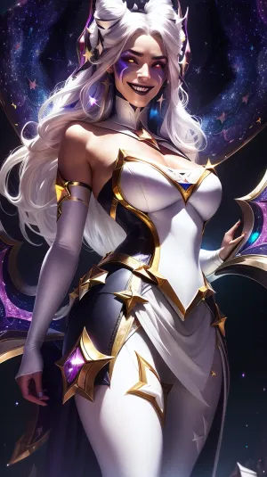 Das League of Legends Spiel verfügt über ein hochauflösendes Bild eines pantyhose-clad AI Charakters mit übertriebenen Gesichtsmarken und Sternenhimmel Hintergrund