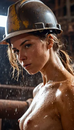 在炎热潮湿的环境中的钢铁工人正在打出指令,供机器生产更多的钢铁. 她穿着钢铁工人的制服,并抽走她的键盘,决心跟上她的生产配额. 尽管从炉子里发热