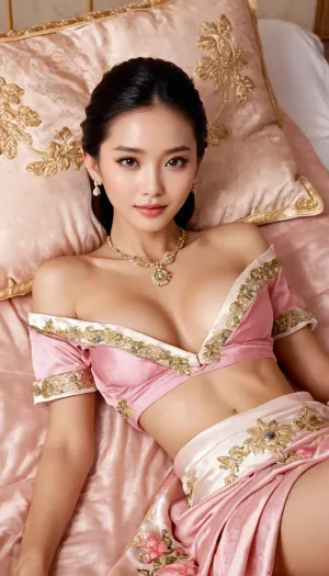 Angelababy, o impressionante imperador feminino da China antiga, é visto dormindo em uma cama com a foto HDR dela em ultra-detalhe. Seu corpo perfeitamente em forma é destacado pela cintura estreita e curvas perfeitas. A mulher de 18 anos tem um
