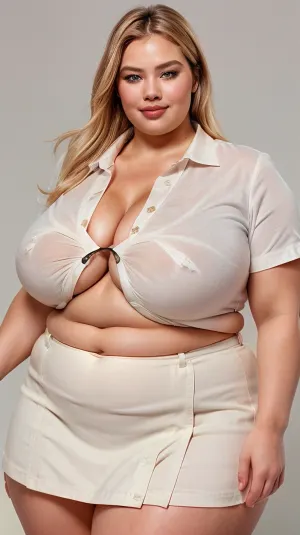 Margot, una bella diciottenne con grandi seni e un corpo sottile, è il soggetto di questa foto. Indossa una camicia bianca con collo a maniche corte che si allunga, rivelando i suoi lussureggianti capelli biondi e seni saldi