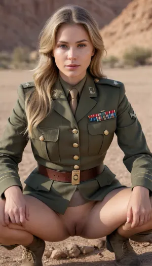 Beautiful woman, wearing a military officers uniform, military officers desert background, whole body visible, sitting on ground, legs are spread, lewd, hairy pussy exposed, race is scandinavian, dark blonde haircolor, olive drab uniform