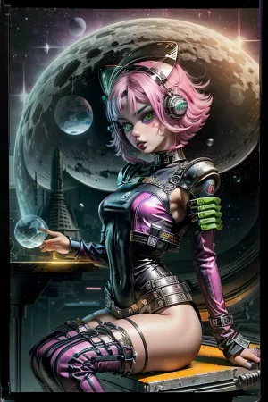 照片中的年轻女子身着性感太空服,头上戴着大黄粉色太空头盔,暴露出她长长的性感明亮头发,从背部流下. 她的嘴唇又满又满 黑眼