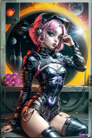 照片中的年轻女子穿着太空服,头上戴着黄色和粉红色的大太空头盔,这更突出了她的曲线. 她的嘴唇覆盖着哥特朋克的头发, 沿着她的背部, 穿透绿色