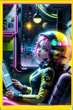 照片中的年轻女子戴着太空头盔,戴着圆形的气泡玻璃头盔. 她的肌肉积木和长发 连累她的背部。 她的脸呈角状且引人注目,有高颊骨和大展眼. 