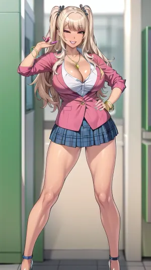 8k, solo beautiful, (kogal gyaru), girl, hair accessory, jewelry, bracelet, [makeup], streaked hair, two-side up hair, blonde, colorful hair, school uniform, skirt, zettai ryouiki, sexually suggestive, smile, Standing up, athletic body, full body shot, high-heels, ManamiAizono, <lora:kogal_gyaru-1.0:.8>, <lora:ManamiAizono_v2:.5>, rainbow, hair, <lora:RainbowHairV1:.5>