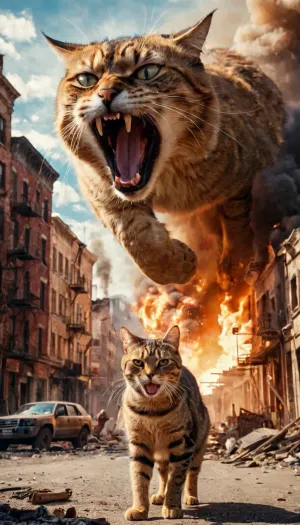 Un gigantesco gatto istintivo attacca la città, lasciando una scia di distruzione sulla sua scia. I veicoli militari gareggiano per le strade, sparando le loro armi al gatto. La donna fuori dalla cornice è scioccata mentre osserva la distruzione dispiegarsi davanti ai suoi occhi