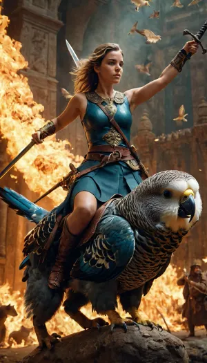 woman riding a giant budgie, cats, bears, monkeys, swords, fire, fighting