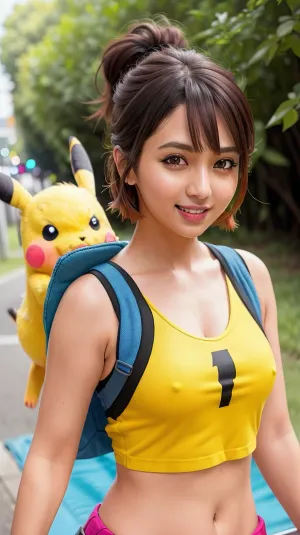 Das junge erwachsene Weibchen trägt ein Pikachu-Print-Outfit mit Poke-Print-Top und Midriff. Sie hat helle Farben auf ihrem Gesicht, und ihr Lächeln ist hell und glücklich. Ihr Haar ist in einem hohen Ponytail, und