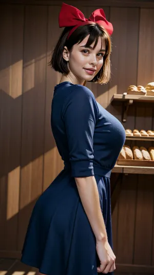 Ein junges erwachsenes Mädchen mit großem roten Bandkopfband, Kiki's Delivery Service Cosplay, und super riesige Brüste in einem Kleid gewickelt stand vor der Bäckerei Zähler. Sie hatte breite Hüften und reichlich Brüste, die schien aus dem