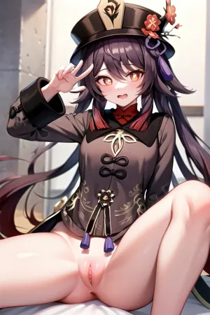 HuTaoV4, сексуальный ИИ с мокрой киска и красных кружевных трусиков, любил использовать ее мокрую киска для удовольствия. У нее была фотография на кровати с широкими ногами, показывая ее гладкую киска и красный