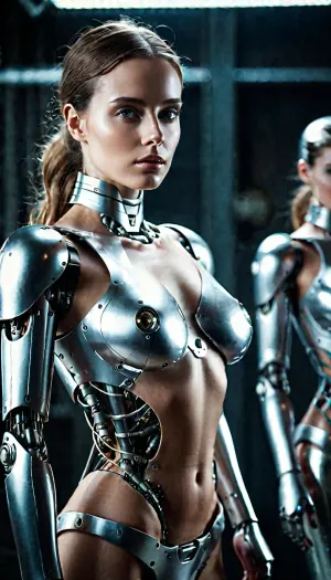 Sensual female robots, fixed stare straight ahead, eyes shining like silver, human skin, view on full body, woman out of frame