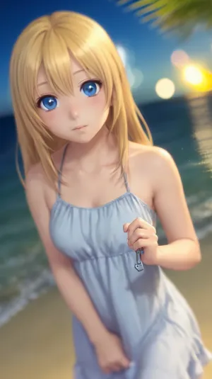 Die KI erzeugte ein Bild von einem Mädchen, das Nachts einen Sonnenanzug an einem Strand trug, mit hellen ausdrucksstarken Augen und Lippen, die leicht geteilt wurden