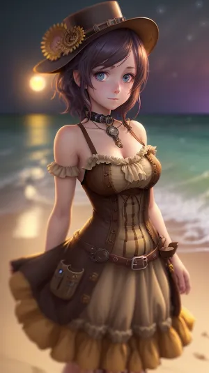 Der Steampunk-Screenbild eines Mädchens, das eine Sonnenbrille an einem Strand in der Nacht trägt