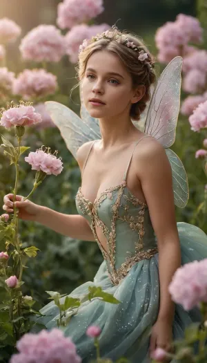 La piccola fata arroccata sul grande fiore tuberoso, le sue ali fluttering dolcemente nella brezza dolce. È stato un momento magico, poiché la fotocamera ha catturato ogni dettaglio del suo volto angelico morbido e delle ali delicate. Lo sfondo era un lussureggiante