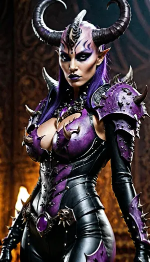 woman, slaanesh futanari demon from warhammer 40k, multiple row of breast, talon like hand, chaotic mutation, horns, black sexy latex suit, puple skin, full body view