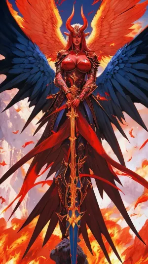 L'angelo e il demone hanno combattuto ferocemente nel cielo, le loro armi che si scontrano con precisione mortale. La donna stava a terra, la sua armatura splendente brillantemente mentre lei ha strappato la sua spada con precisione mortale. Nel cielo, un gruppo di angeli colorati guardati dall'alto