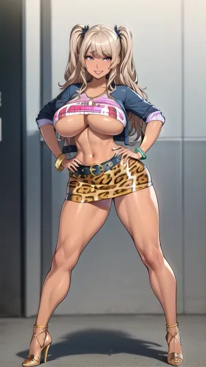 woman, 8k, solo beautiful, (kogal gyaru), hair accessory, jewelry, bracelet, [makeup], streaked hair, two-side up hair, blonde, leopard skirt, smile, Standing up, athletic body, tits, full body shot, high-heels, ManamiAizono, <lora:kogal_gyaru-1.0:.8>, <lora:ManamiAizono_v2:.5>, leopard, print, Belted, Skirt, crop, top, underboob, <lora:Leopard Underboob + Skirt By Stable Yogi:.5>
