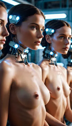 Drei nackte weibliche Roboter wurden in einer futuristischen Fabrik montiert, ihre Roboterteile leuchten mit einem weichen warmen Licht, das ihnen eine ätherische Erscheinung gab. Trotz ihres unheimlichen Erscheinungsbildes schienen sie zufrieden in ihrer Arbeit und schienen nicht von der