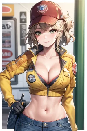 Cindy Aurum, the best-quality woman in the world, is sitting at her garage with a baseball cap on her head and a cropped jacket that reveals her upper body. She's wearing a mastered smile on her face as she takes a picture