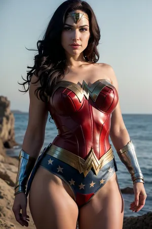 A stunningly beautiful, gorgeous face with perfect hand, perfect fingers, and perfect detail. The highly detailed HDR photo captures the symmetrical face with realistic expression and the perfectly shaped boobs. The wonder woman heroine has a huge boob size