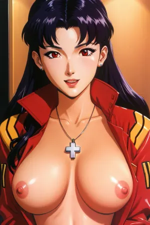 Misato, the woman with the highest quality of nude pictures, stood alone in her masterpiece. She wore a black pencil dress high-collar red jacket and detailed eyes. Her naked body was detailed with best quality and detailed eyes