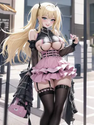 masterpiece, ((Masterpiece, masterpiece, edgQuality)), smiling, excited, (big boobs), edgPastelGoth, a blonde woman in a pink outfit and a chain skirt, wearing edgPastelGoth, <lora:edgPastelGothFashionv1:.8>, flaccid, Read, Description!, <lora:Flaccid  Horse Penis:.5>