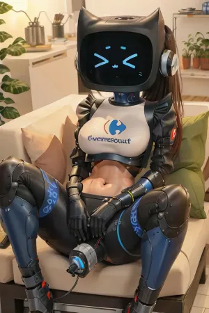 Kerfus机器人坐在沙发上,腿伸宽,其完美的身体用油闪耀. 其高清的画面展现了完美的女性身体,腰部细而宽的臀部. 机器人的简单白背景加进了它的