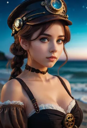 A steampunk screenshot of a girl wearing andress on a beach at night. Looking at viewer, beautiful detailed eyes, bokeh, depth blur . anime style, key visual, vibrant, studio anime, highly detailed